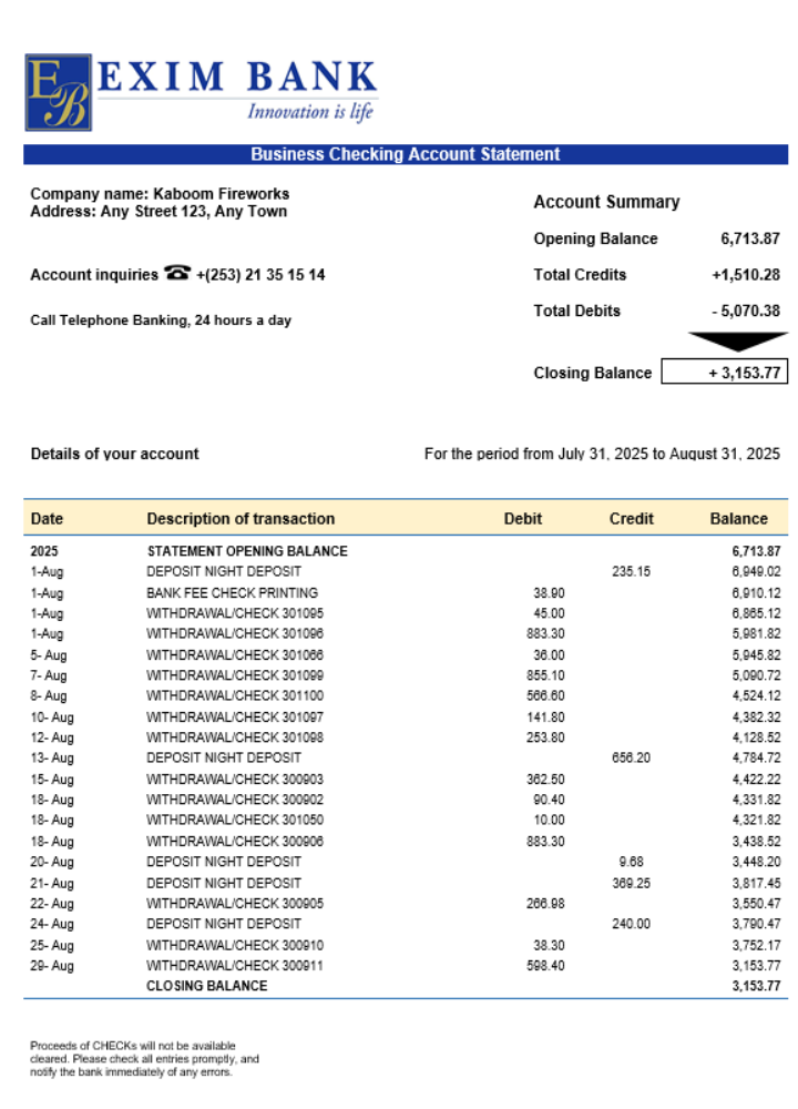 Modèle Word et PDF de relevé de compte professionnel de la banque Exim